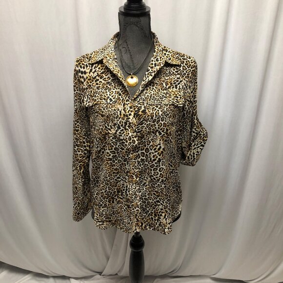 Jones New York Sport Leopard Print Shirt Womens Sz Petite Small Button-Up Blouse - Picture 1 of 9
